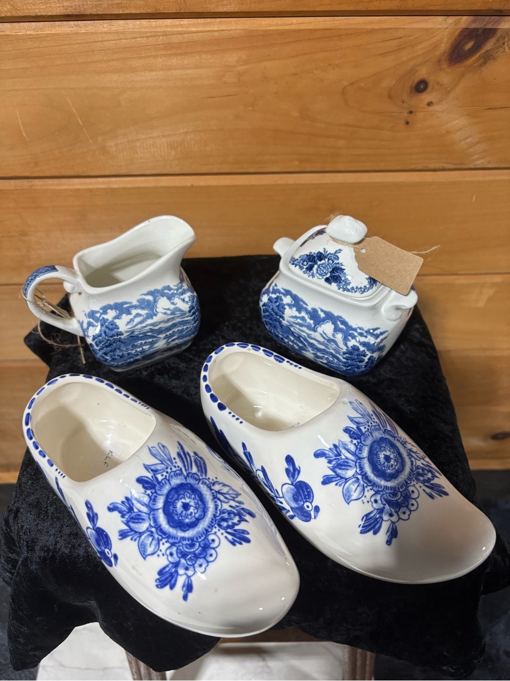 Blue and White Ceramic Clog Planters and Pitcher Set